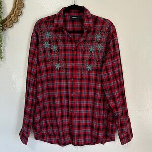 The Kooples Red Plaid Button Down Shirt, Turquoise Beading Detail, Western, Lg